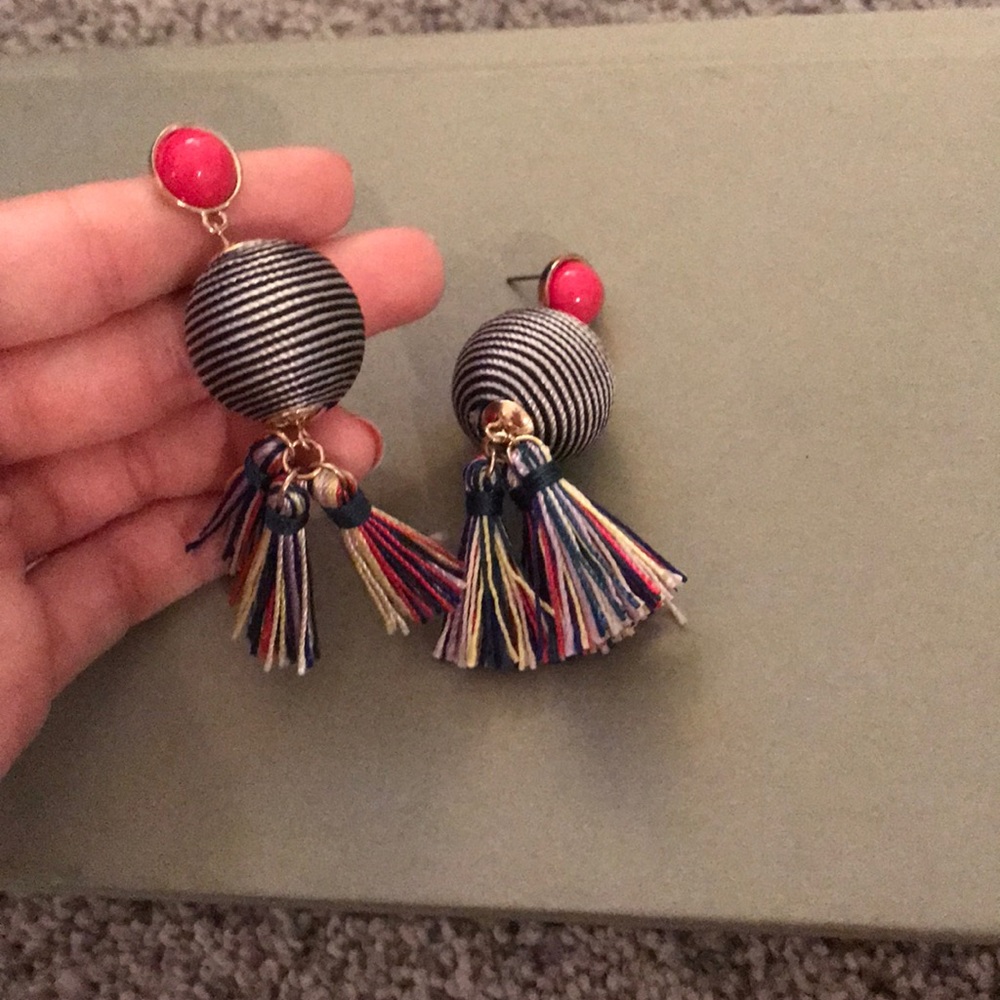 navy and pink and yellow earrings